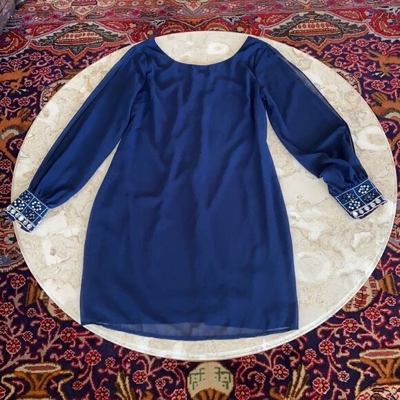 Brigitte Bailey Blue Chiffon Slit Sleeve Rhinestone Cuff Mini Cocktail Dress - Picture 9 of 10